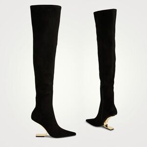 JEFFREY CAMPBELL *NWOT* Compass Suede Over-the-Knee Gold Sculpted Heel Boots 5.5